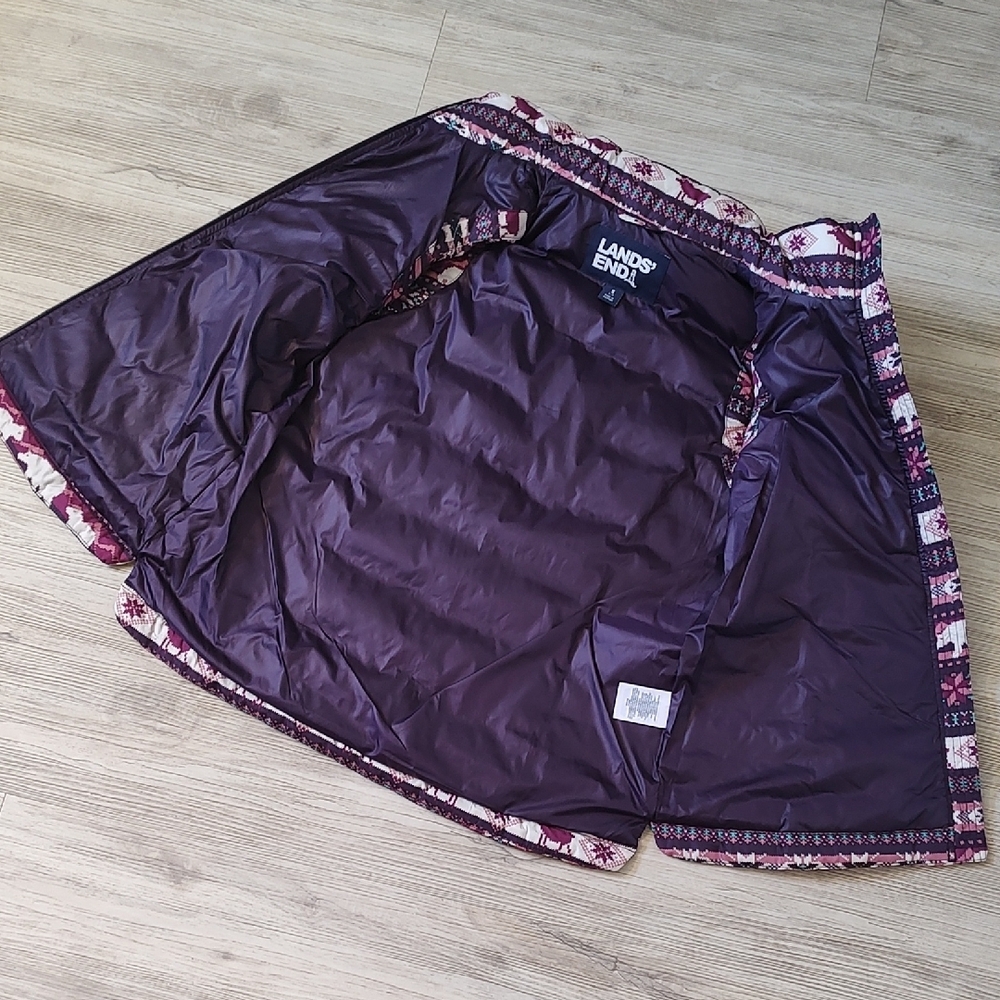 LANDS END Women's Purple Puffer Vest with Reindeer, Bear, Tree Detail SZ Small. - Picture 3 of 9